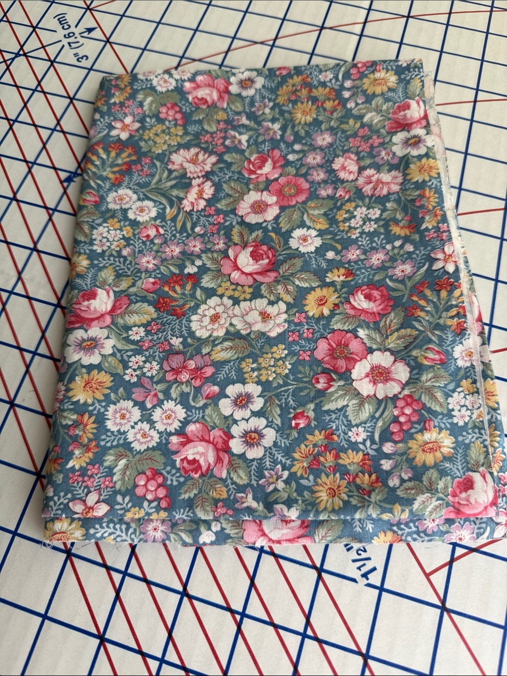 Vintage 1980s Floral Fabric 1 Yard x 44 Teal Pink Roses English Garden Cotton